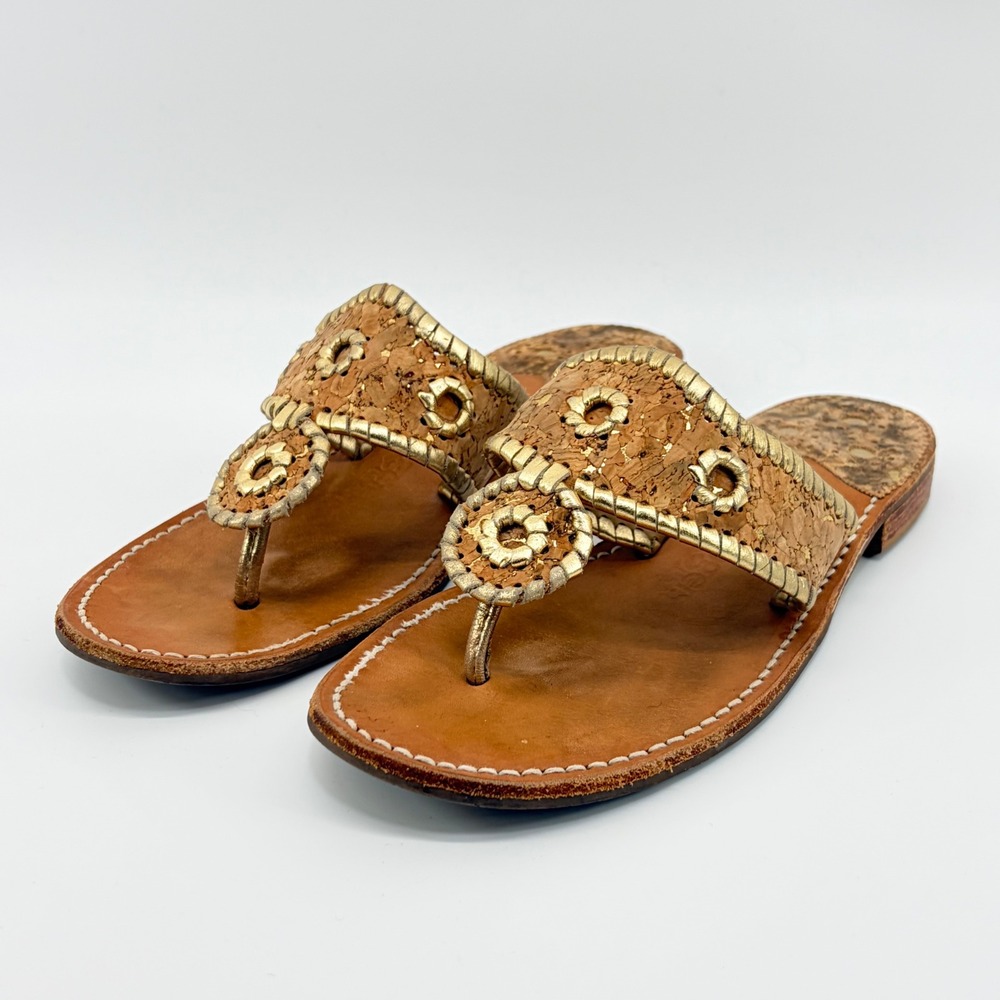 Jack Rogers Navajo Cork Gold Metallic Whipstitch Thong Sandals Womens 8 Coastal